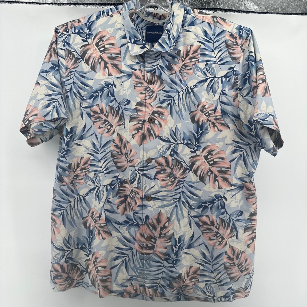 Tommy Bahama Button Down Shirt Mens XXL Blue Pink Tropical Silk Monstera Leaf - Picture 4 of 9